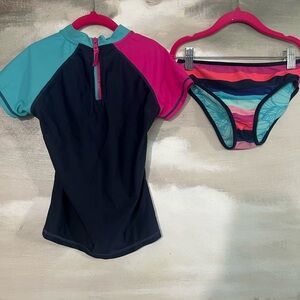 Eddie Bauer Girls Two-Piece Rash Guard Bikini Set in Navy, Pink, Aqua